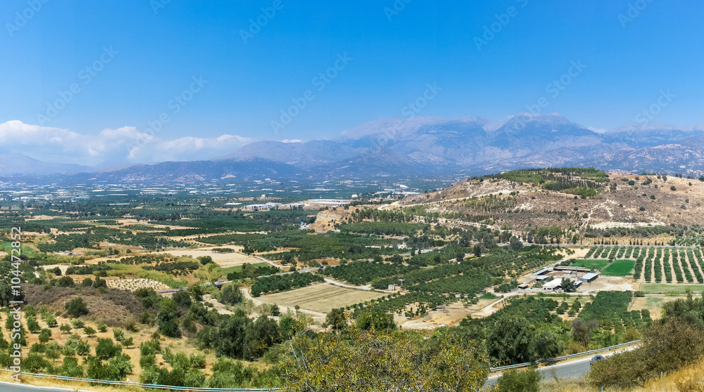 Panorama of Messara Plain on Crete island, Greece