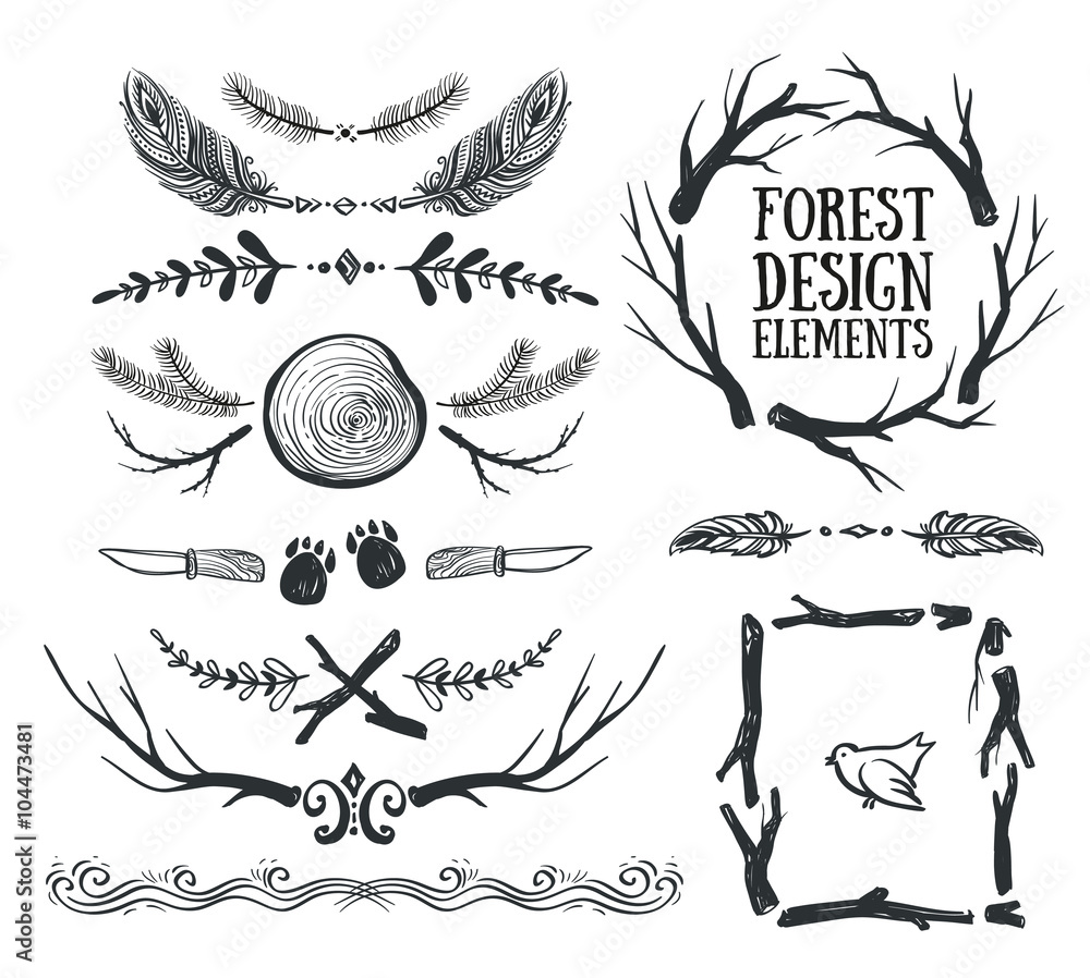 Obraz Set of hand drawn tribal frames and dividers. Forest design.