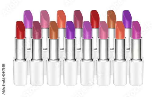 Various lipsticks on white background