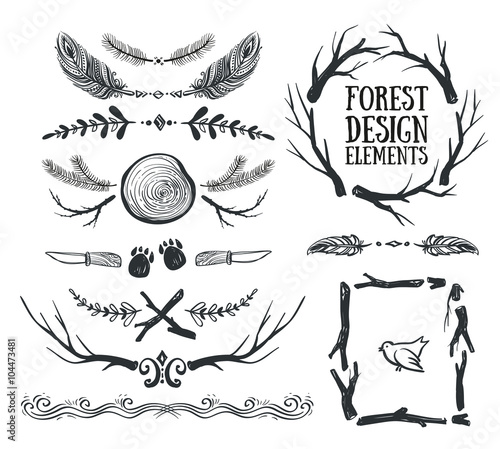 Obraz na płótnie Set of hand drawn tribal frames and dividers. Forest design.