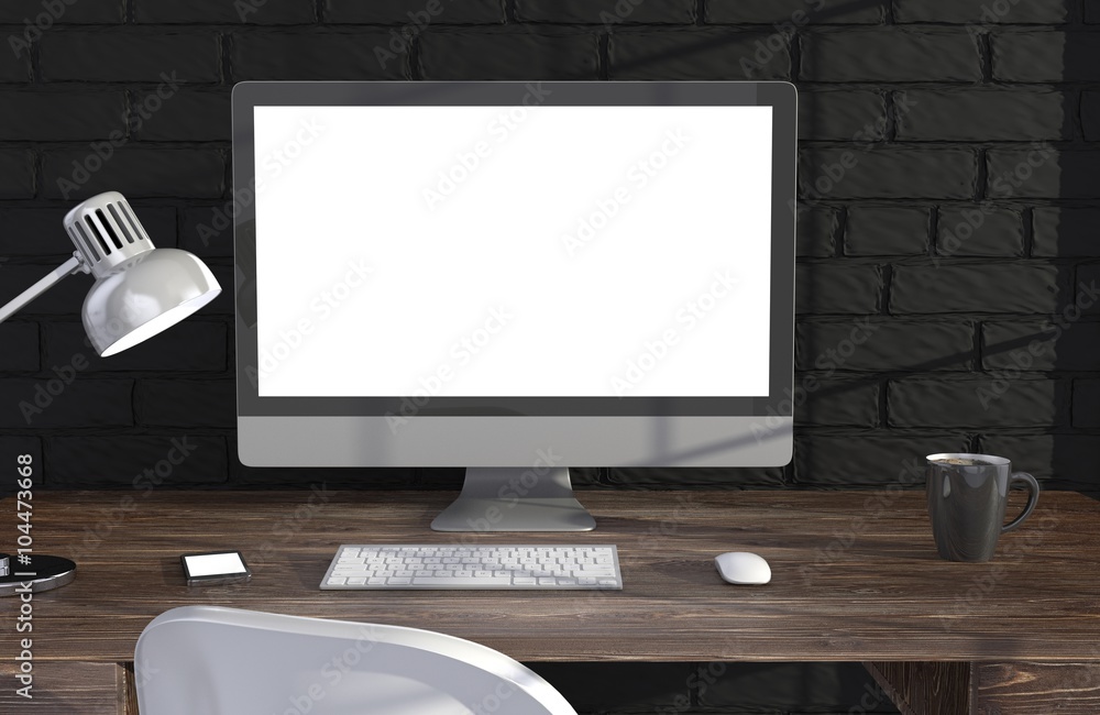 3D illustration PC screen on table in office, Workspace 3D illustration PC screen on table in office, Workspace