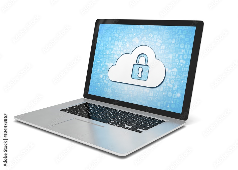 3d rendering of a laptop with cloud security concept 3d rendering of a laptop with cloud security concept