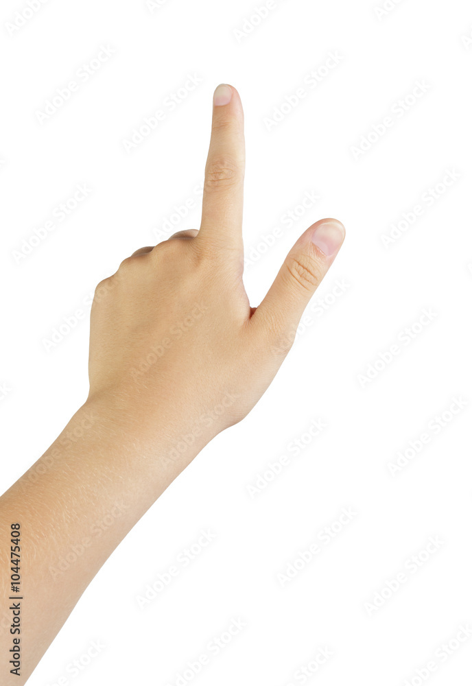 female teen left hand touch gesture, isolated on white background female teen left hand touch gesture, isolated on white background