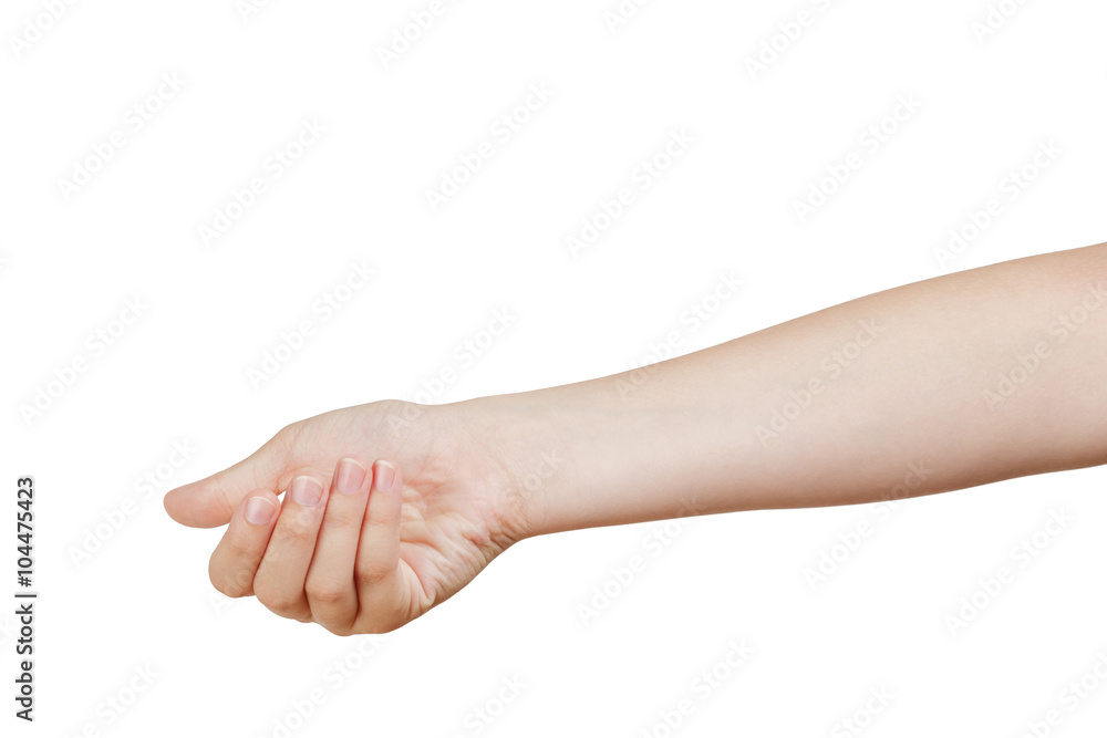 female teen hand to hold something, isolated on white background