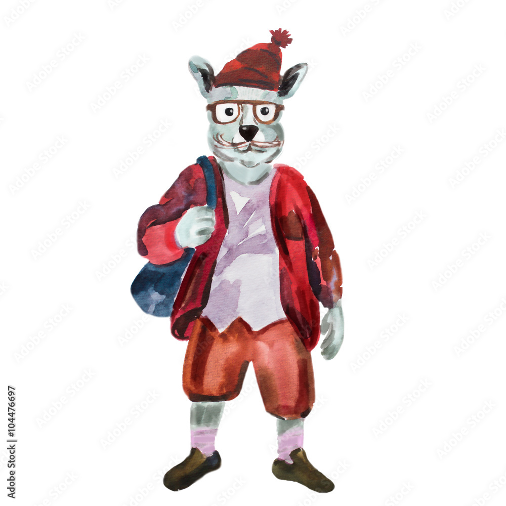 Hand drawn illustration of hare dressed up in fashionable style Hand drawn illustration of hare dressed up in fashionable style