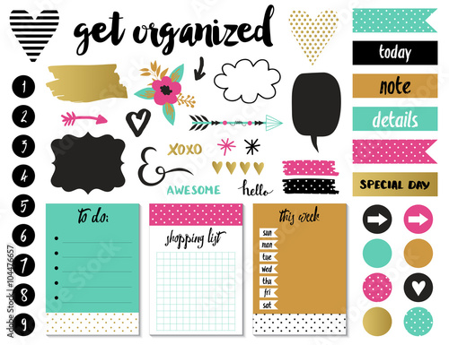 Signs and symbols for organized your planner. Template for scrapbooking, wrapping, wedding invitation, notebooks, diary.