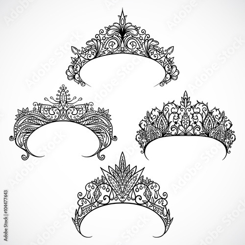 Collection of tiaras. Vintage hand drawn black and white vector illustration.