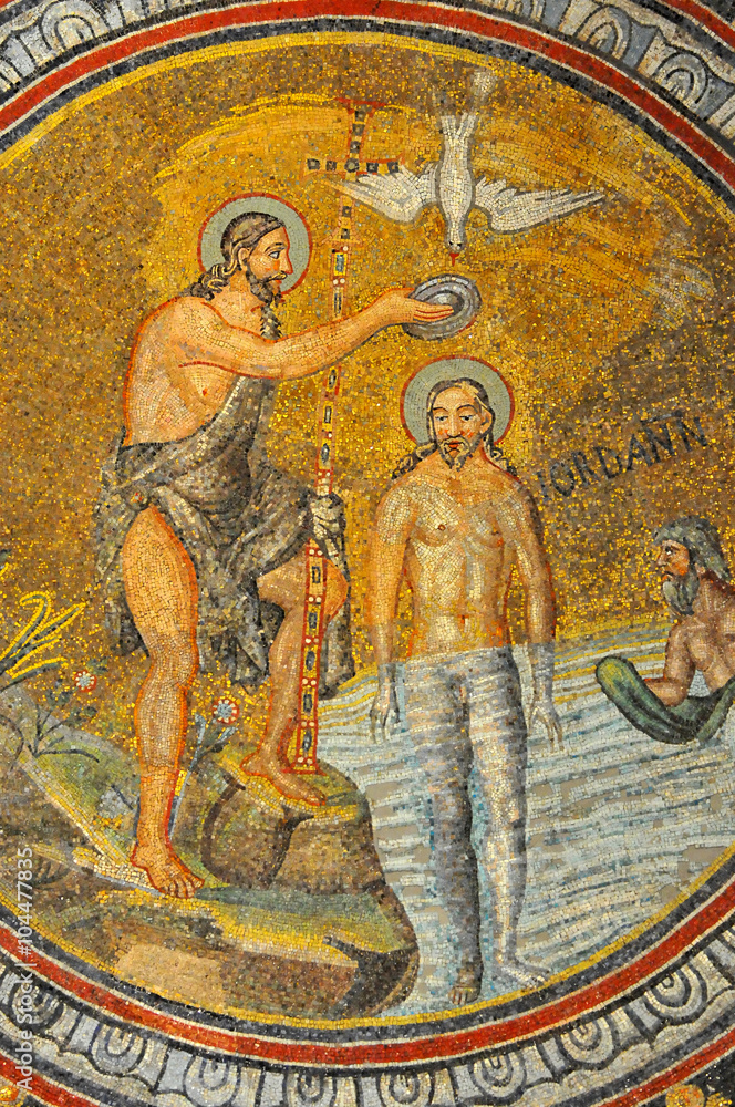 Ancient byzantine mosaic of the Baptism of Jesus