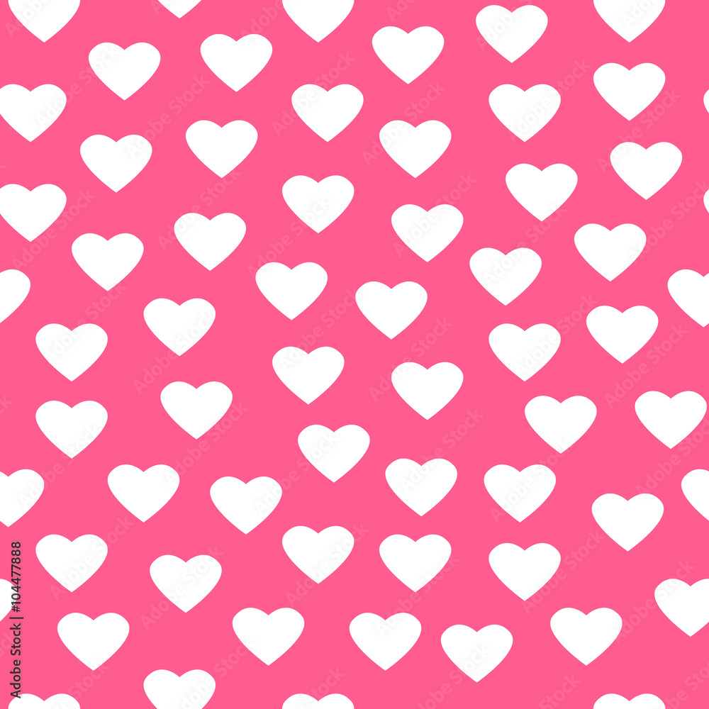 Vector illustrated seamless pattern of white hearts on pink background.