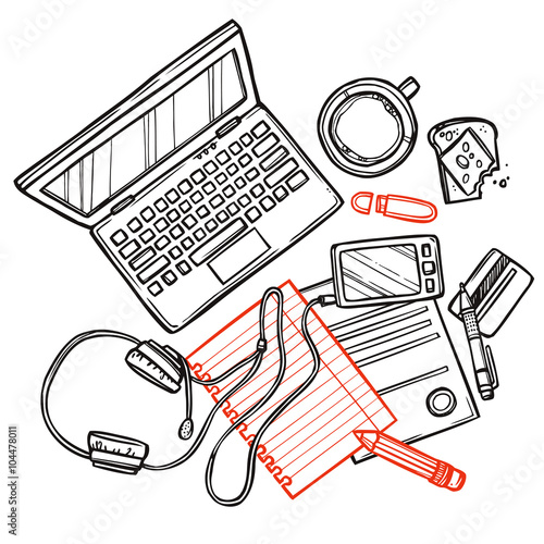 Hand drawn set of work and business elements top view. Workplace top view