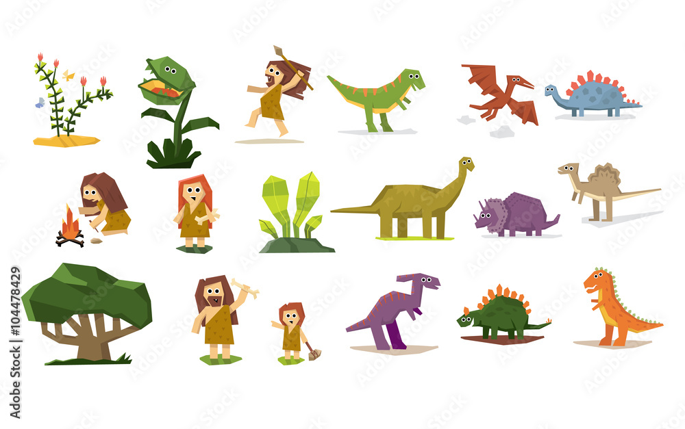 Obraz premium Dinosaurs and Prehistoric Plants, People, Flat Vector Illustration Set