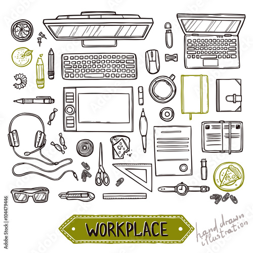 Hand drawn set of work and business elements top view. Workplace top view