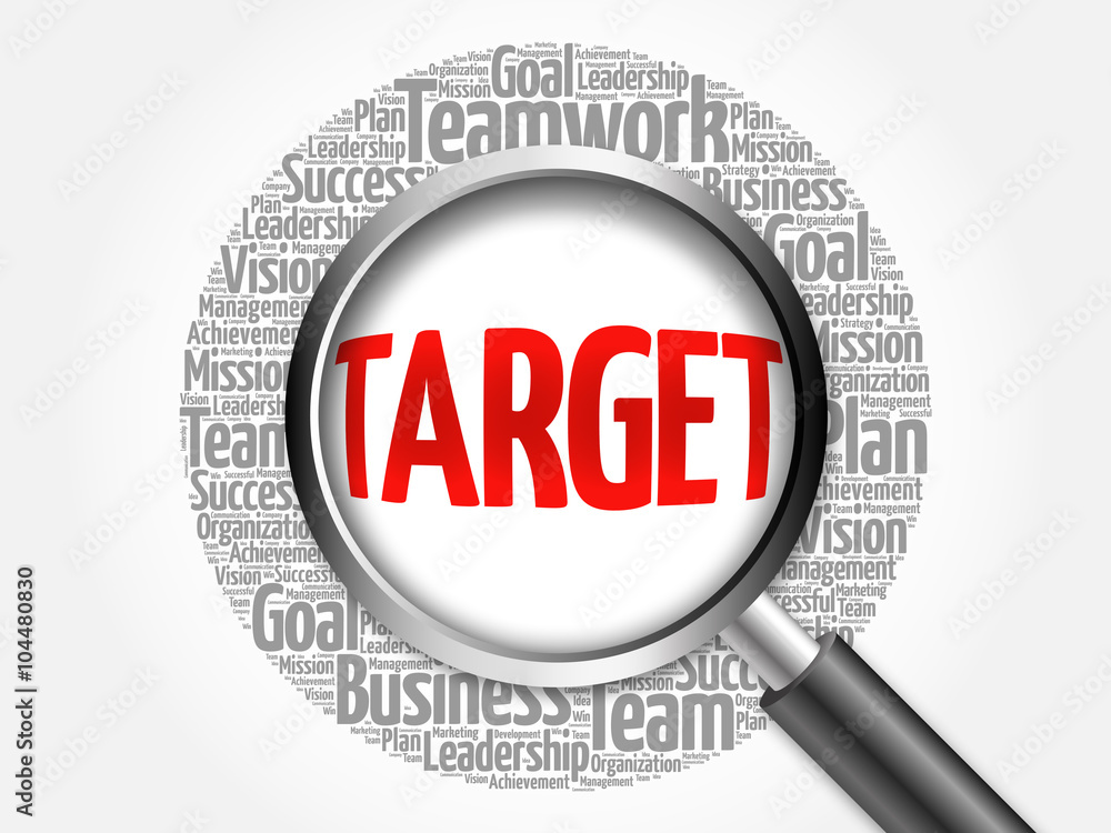 TARGET word cloud with magnifying glass, business concept TARGET word cloud with magnifying glass, business concept