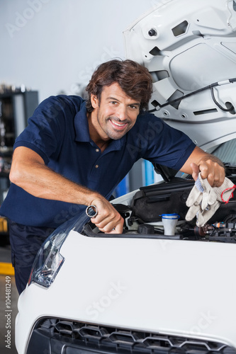 Happy Mechanic Examining Car Engine