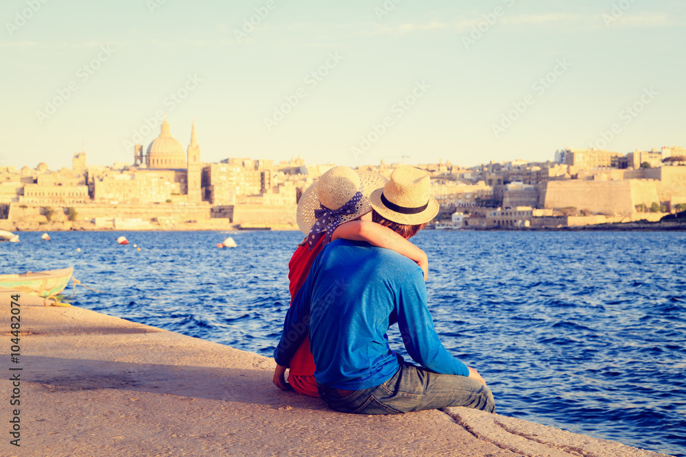 happy young couple travel in Malta, Europe - obrazy, fototapety, plakaty 