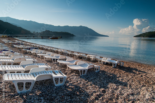 Beach recliners and facilities in Budva, Montenegro © Anton Gorlin