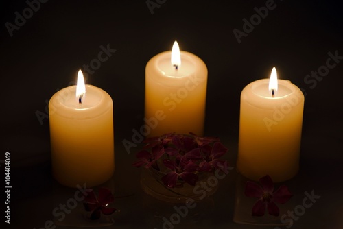 Three burning candles with water reflection and tiny purple flowers