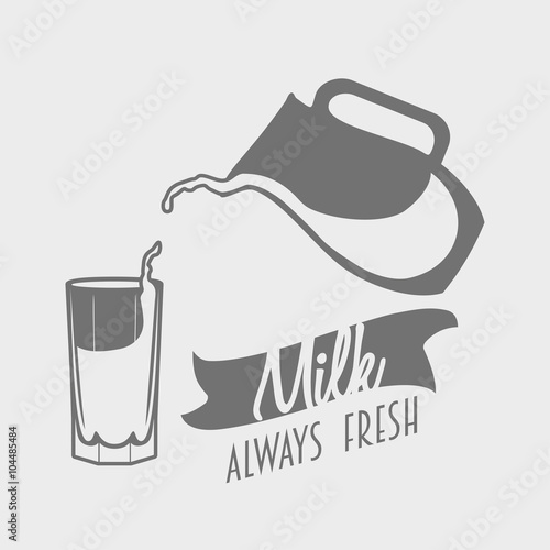 Vector logo, badge or label template for natural dairy products. Jug with milk