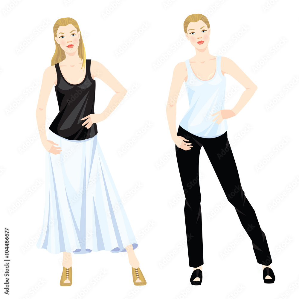 Vector illustration of different look with shirt. Woman in black pants, skirt and shirt on white background Vector illustration of different look with shirt. Woman in black pants, skirt and shirt on white background