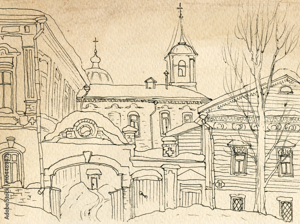Street of the old town in the winter. The house and Church, architecture, sketch