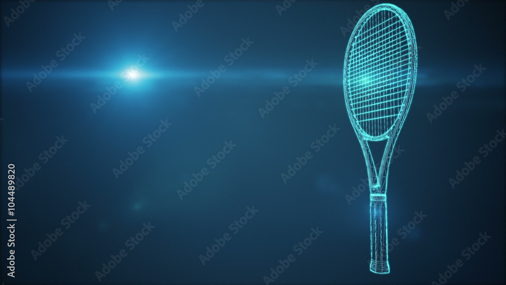Abstract CGI motion graphics, animated background with wireframe xray turning tennis racket
