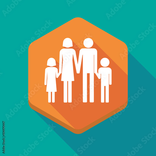 Long shadow hexagon icon with a conventional family pictogram