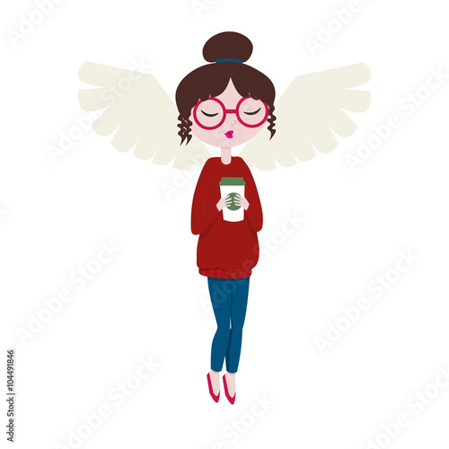 Young dark-haired woman with paper cups of coffee. Coffee time. Girl in glasses. Winged girl. Vector Illustration.