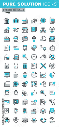 Modern thin line flat design icons set of business communication and technology, office items, internet advertising and security, basic company information. Outline icon collection for web graphic.