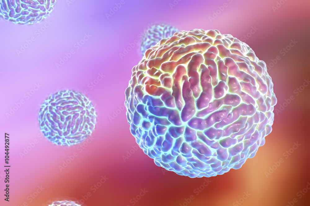 Zika viruses on colorful background, viruses which cause Zika fever found in Brazil and other tropical countries. Zika fever in pregnant women leads to microcephaly in fetus