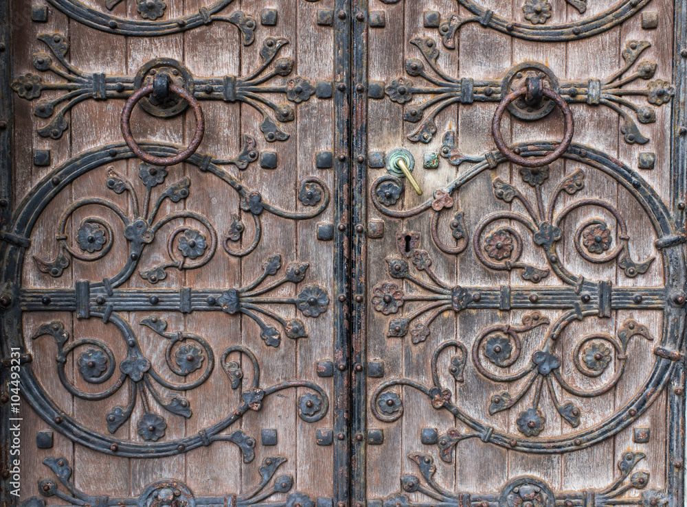 close up detail of old church door design in Cork city Ireland 