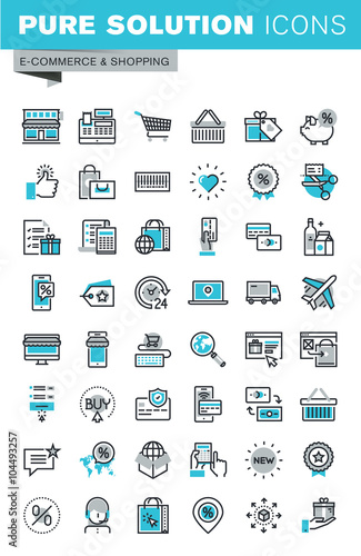 Modern thin line flat design icons set of online shopping, online payment and security, product delivery, customer support. Outline icon collection for web graphic.
