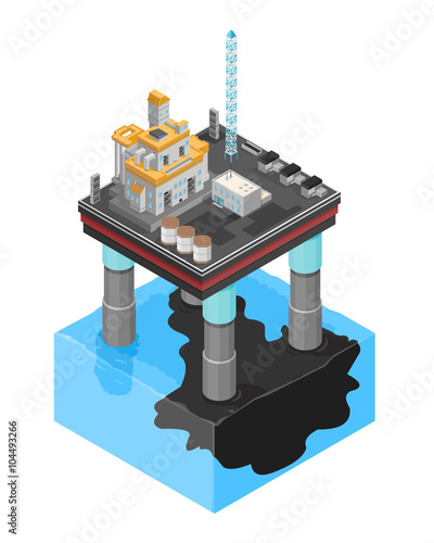 Isometric vector illustration of oil leaking from an oil rig.
Man made disaster water contamination concept.