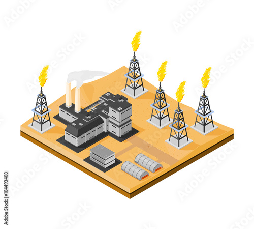Isometric vector illustration of Desert Oil Field supplies.
Black gold from an oil refinery.
