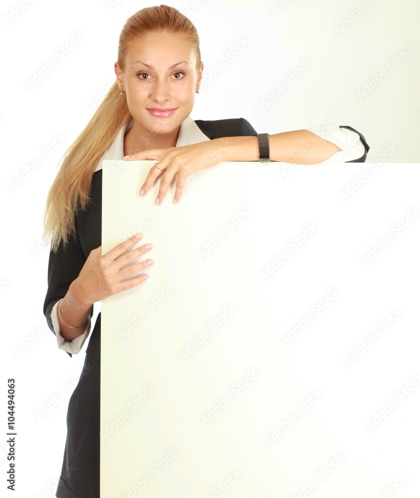 Happy smiling beautiful young woman showing blank signboard Happy smiling beautiful young woman showing blank signboard