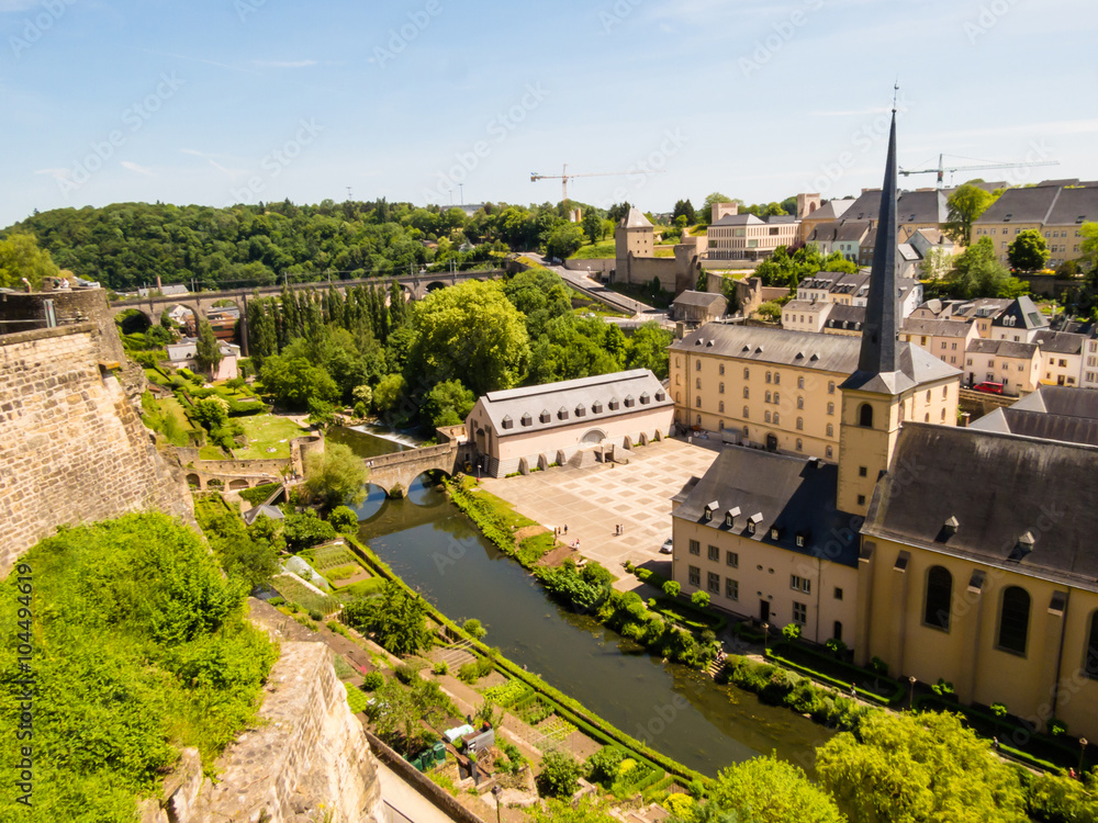 Neumuenster Abbey and Alzette river, Luxembourg City, Luxembourg