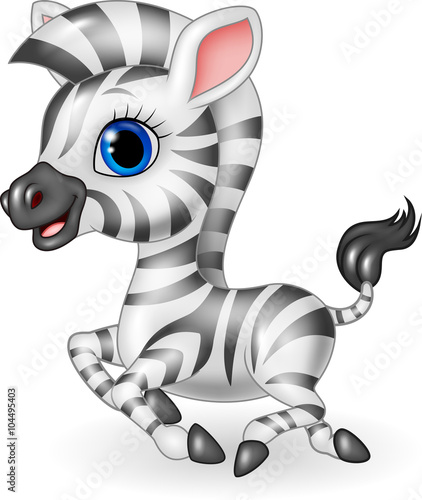Cute zebra running isolated on white background
