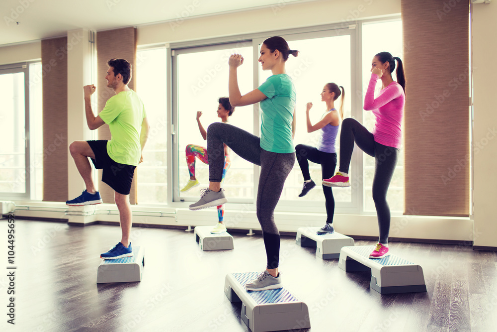 group of people working out with steppers in gym