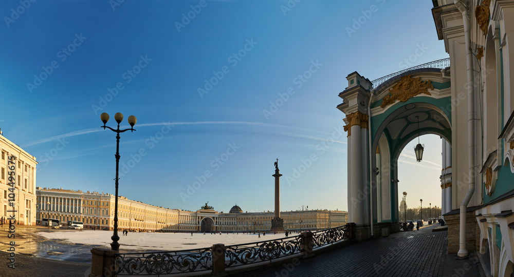 Russia, Saint-Petersburg, 1 march 2016: Palace Square in winter, Alexander Column, Winter Palace, the arch of the Main Staff, the Admiralty, at sunset, the designer Rossi triumphal chariot