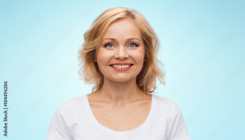 smiling woman in blank white t-shirt smiling woman in blank white t-shirt