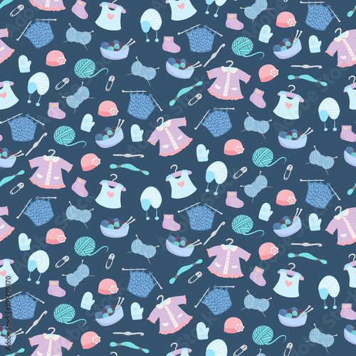 Seamless pattern with knitting for babies elements