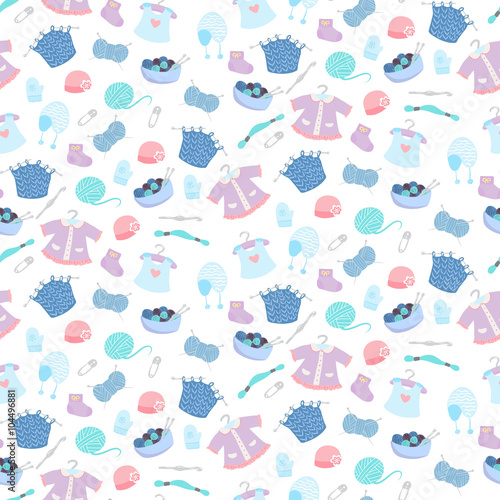 Seamless pattern with knitting for babies elements