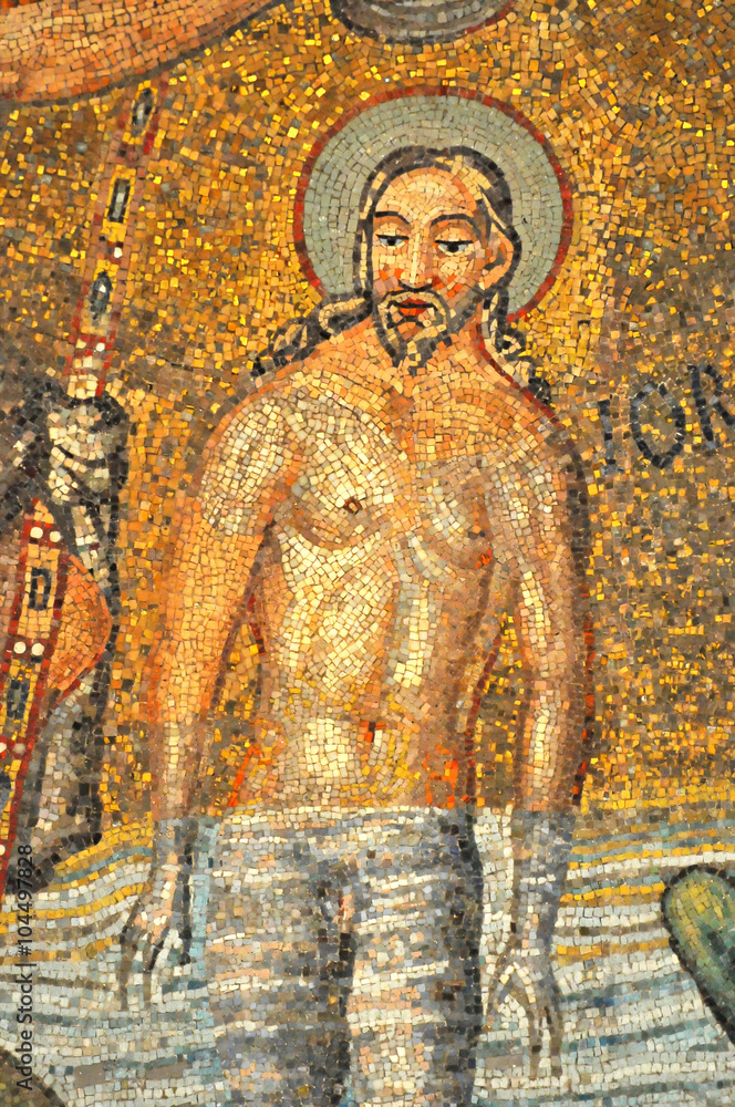 Ancient roman mosaic of the Baptism of Jesus