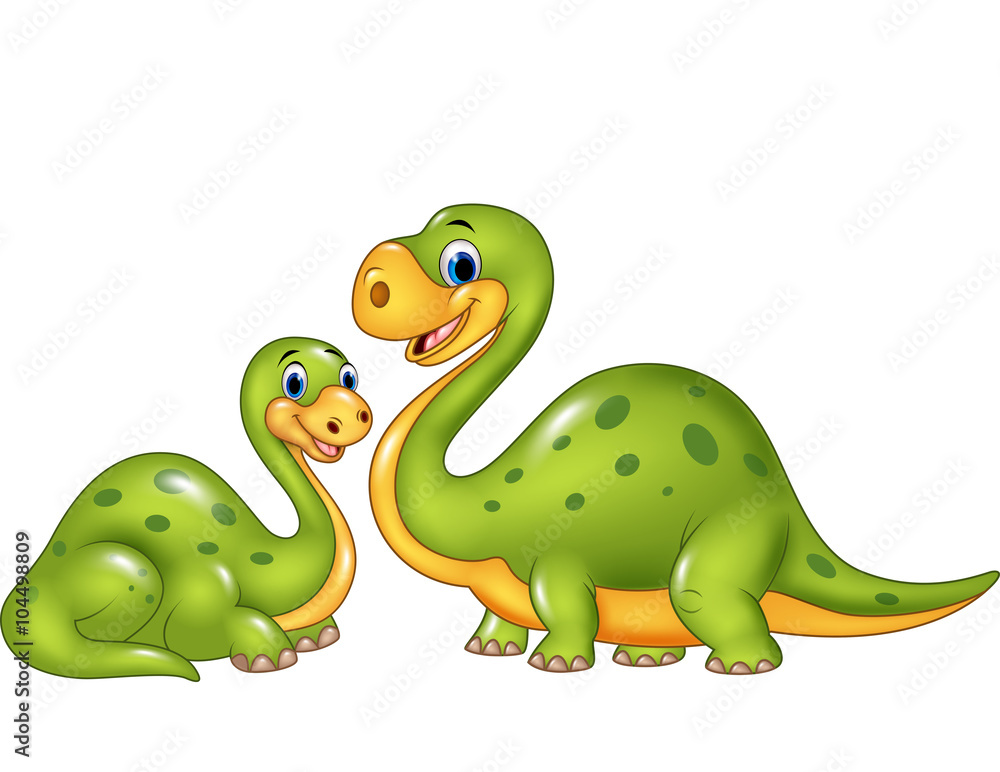 Happy mother with baby dinosaur posing isolated on white background Happy mother with baby dinosaur posing isolated on white background