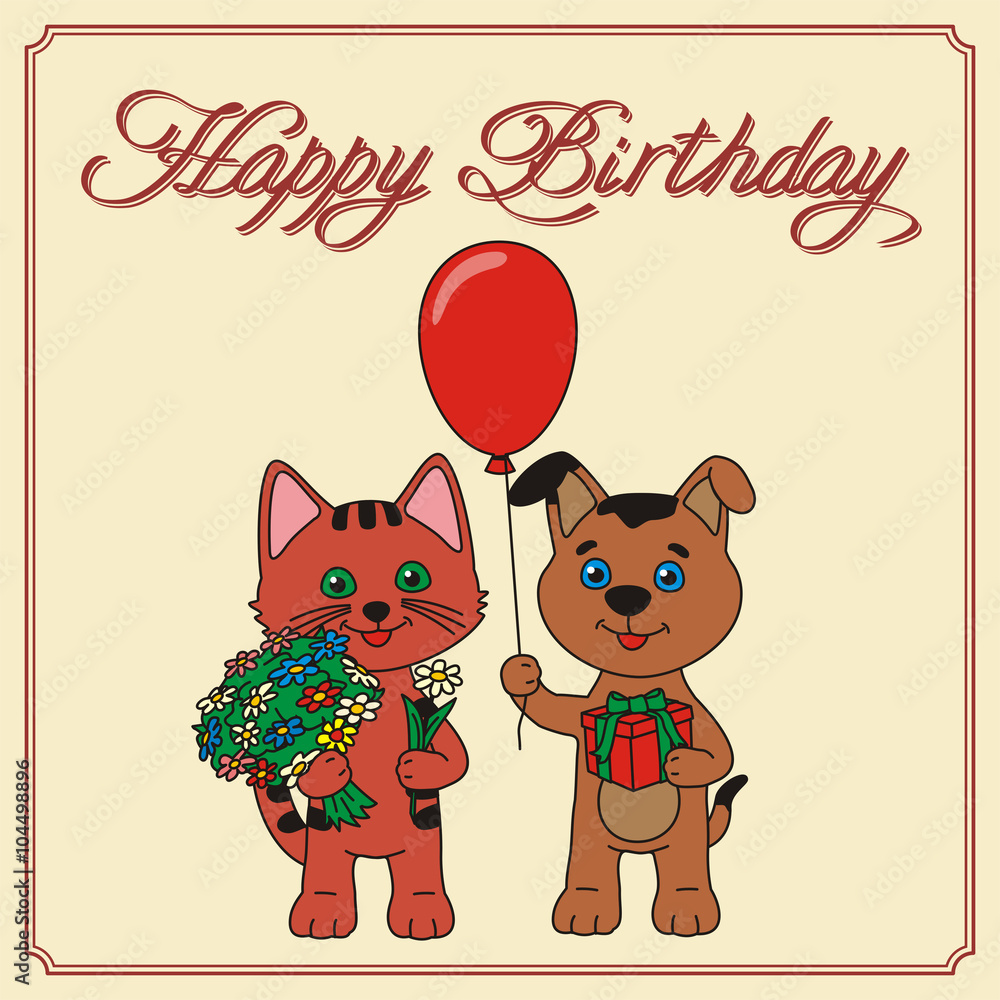 Fototapeta premium happy birthday card, funny puppy with balloons and kitten with bouquet of flowers, handwritten text