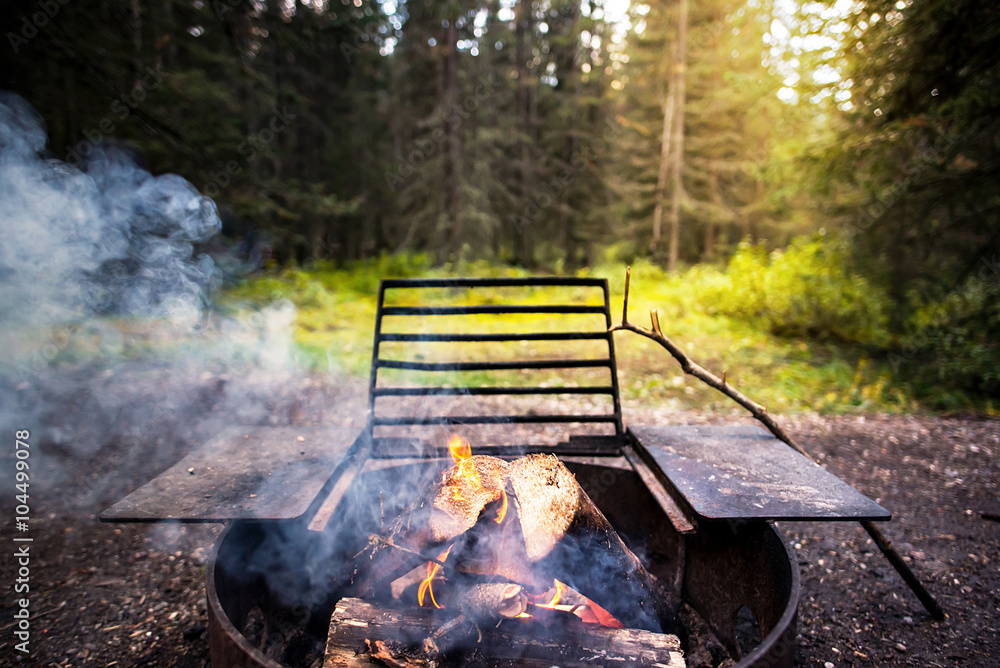 campfire during sunset with some peace of wood in a campground steel fireplace with a forest behind, charcoal, log, flame and smoke campfire during sunset with some peace of wood in a campground steel fireplace with a forest behind, charcoal, log, flame and smoke