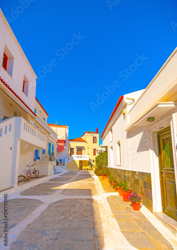 beautiful street view at Chora, the capital of Andros island in Greece