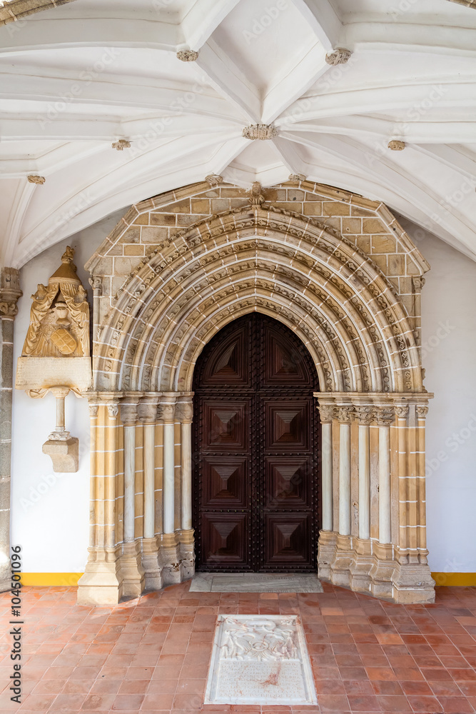 Evora, Portugal. Gothic portal in the Loios Convent used as a Historical Hotel. UNESCO World Heritage Site.