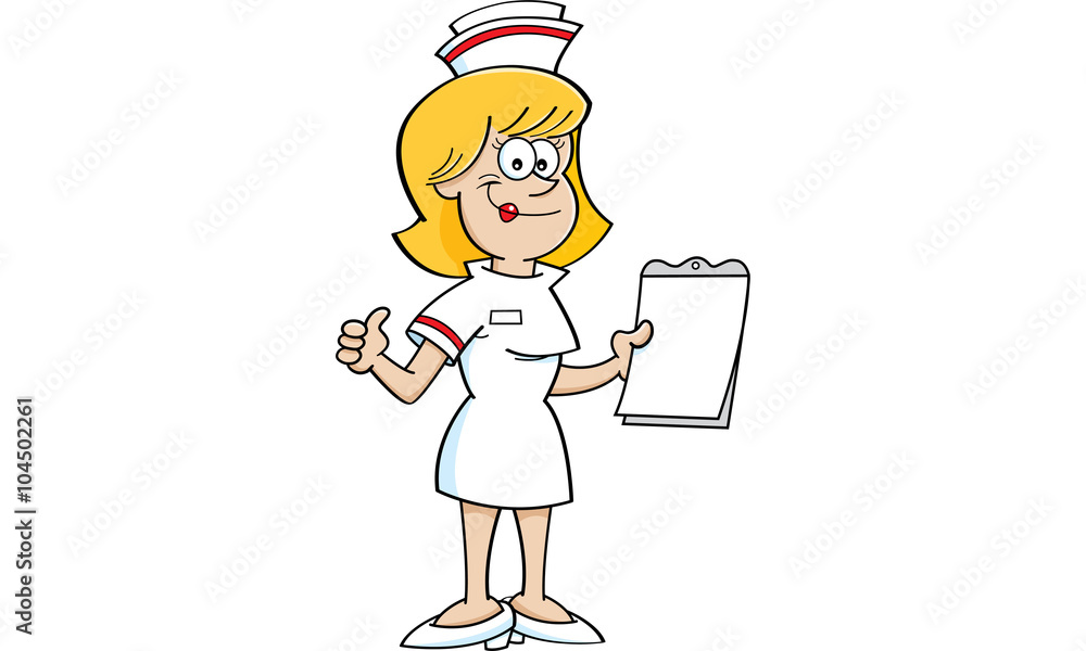 Cartoon illustration of a nurse holding a clipboard and giving thumbs up.