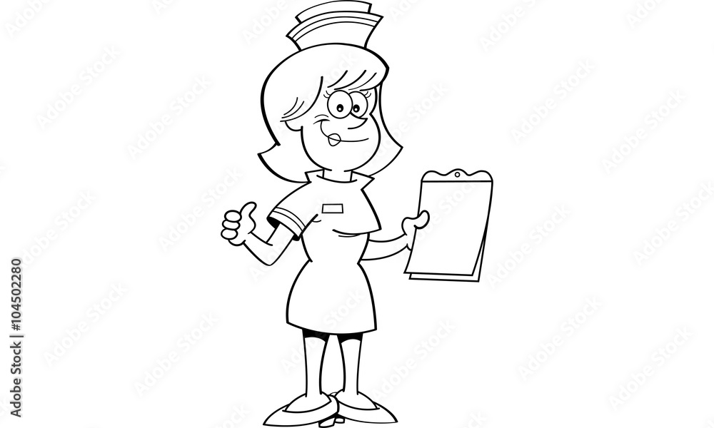 Black and white illustration of a nurse holding a clipboard and giving ...