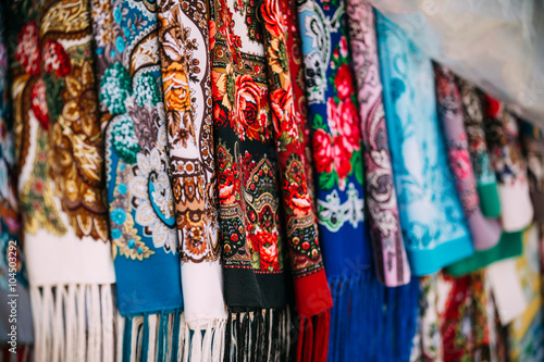 Russian colorfull scarfs and headscarfs. Popular souvenir from R